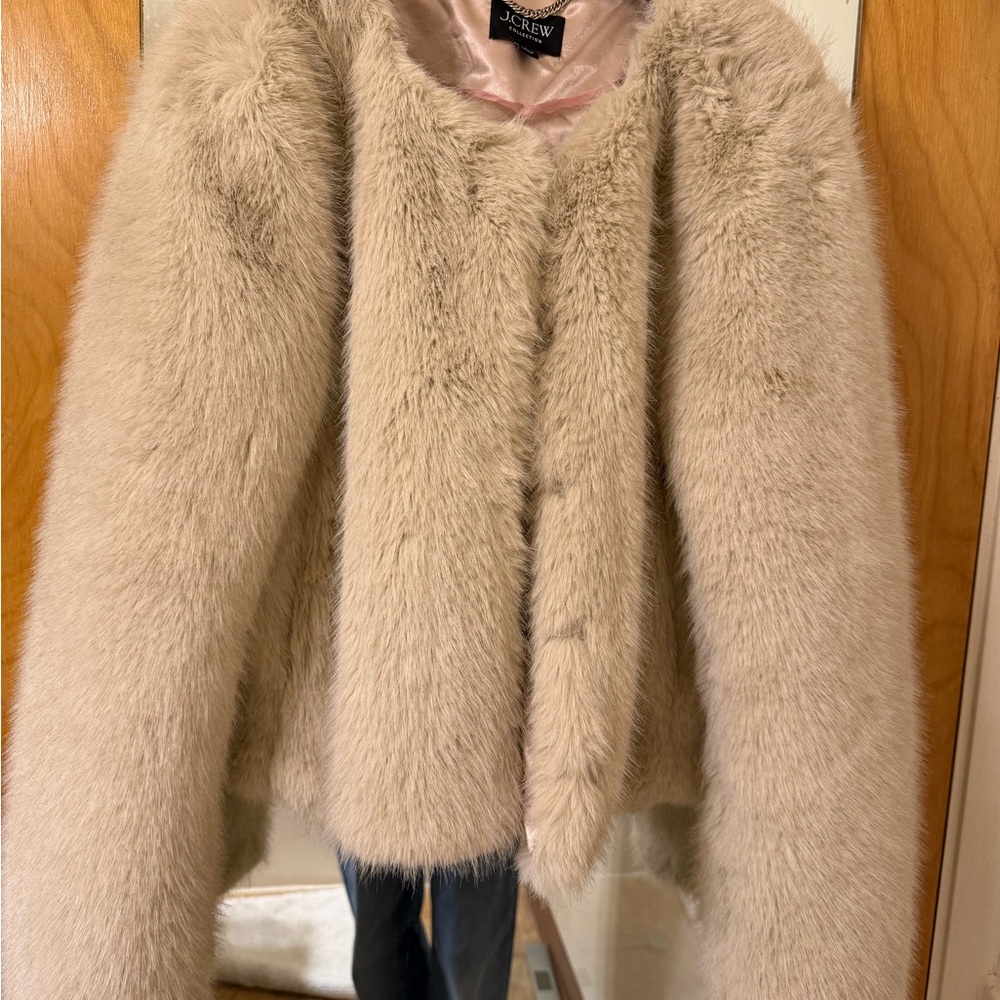 J. Crew Women's Cropped Cream Faux Fur Jacket pre owned